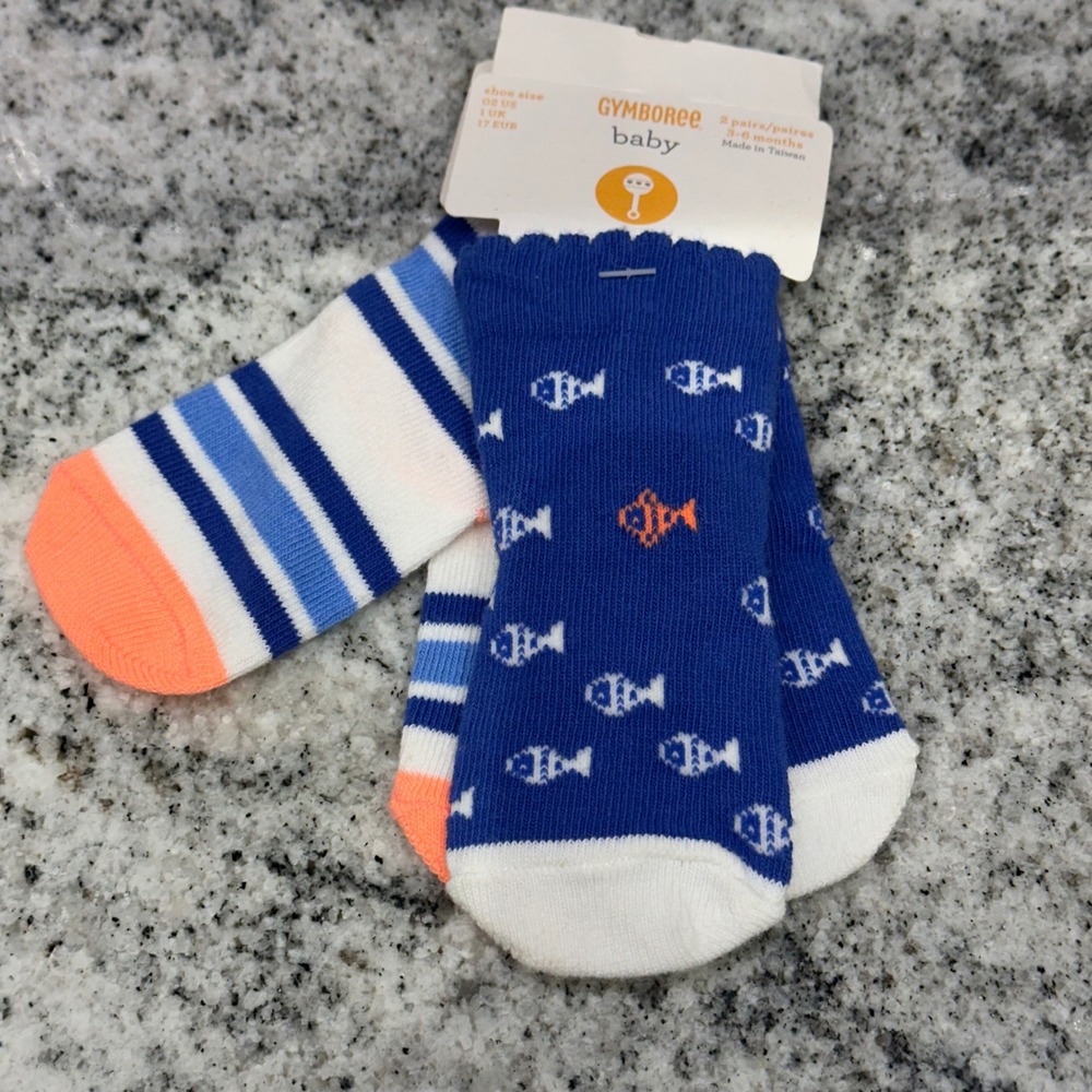 Gymboree Baby 3-6 Months 2-Pack Socks Blue Fish Striped Nautical Coastal‎ Preppy